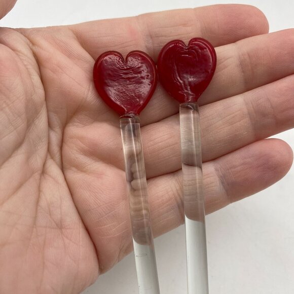 Glass handblown Red heart swizzle sticks Cocktail stirrers 5 7/8" Valentines - Picture 3 of 4